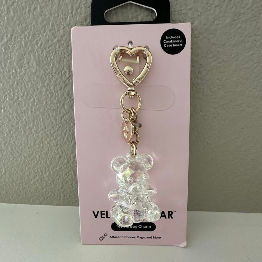 Velvet Caviar Iridescent Teddy Bear Tech & Bag Charm Gold Heart Carabiner NEW